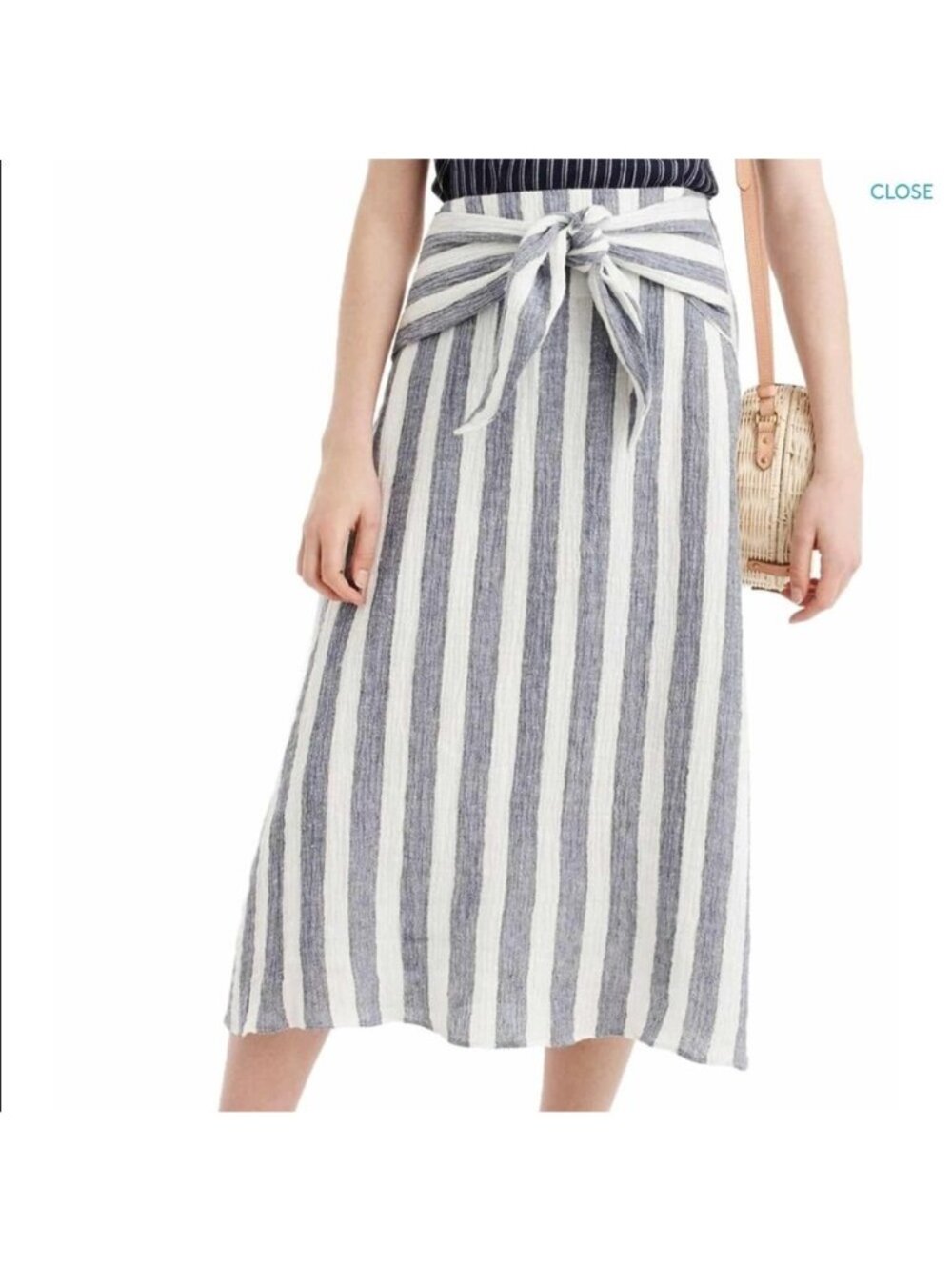 J. Crew Point Sur Womens 8 Linen Midi Skirt Tie Waist Blue White Striped Coastal